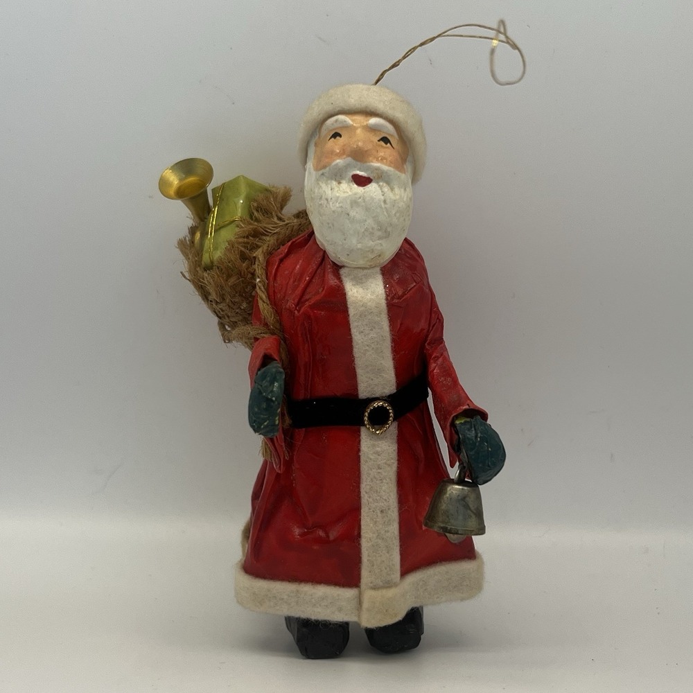 Handmade Paper Mache Santa Claus Christmas Ornament With Burlap Sack Lantern